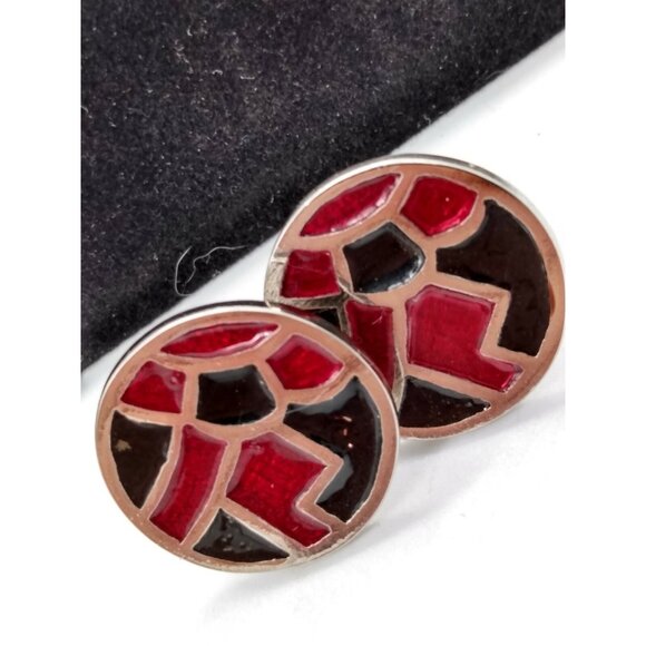 Vintage Men's Round Cuff-links  Silvertone Red & Green Enamel - Picture 2 of 7